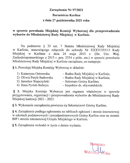 Grafiki przedstawiają skany Zarządzeń Burmistrza Karlina oraz Przewodniczącej Rady Miejskiej w Karlinie, wraz z kalendarzem wyborczym. dotyczace ogłoszenie wyborów do Młodzieżowej Rady Miejskiej w Karlinie 